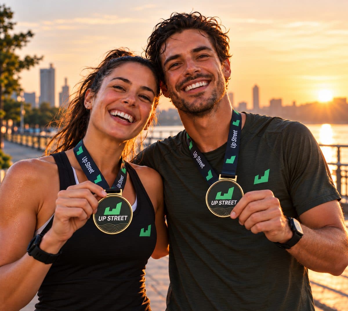 Dois atletas sorrindo, mostrando as medalhas do Up Street ao pôr do sol